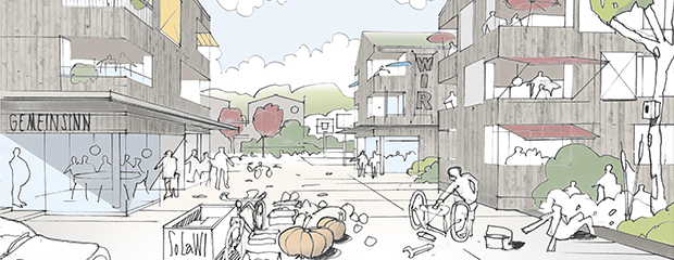 Die Skizze zeigt einen Platz zwischen neuen Holzhäusern mit Fußgängern und Radfahrern.