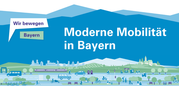 Die Grafik zeigt unter der Überschrift "Moderne Mobilität in Bayern" verschiedene Verkehrsformen in Stadt und Land. Im Hintergrund sind Berge angedeutet.  - © StMB