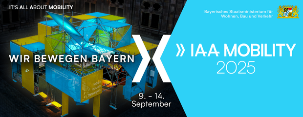Der Messestand des Ministerium; Text: IAA MOBILITY 2025, Wir Bewegen Bayern, 9. -14. September