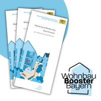 Flyer zur Wohnraumförderung Kommunen und das Logo des Wohnbau Booster Bayern