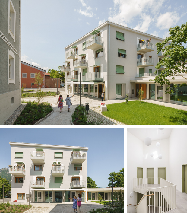 Eine Bilderserie zeigt einen Neubau mit öffentlichem Bereich im Erdgeschoss und drei Wohngeschosse auf den Balkone versetzt angeordnet sind.